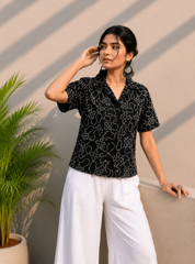 Black Embroidered Cotton Shirt | Relaxed Fit Casual Top