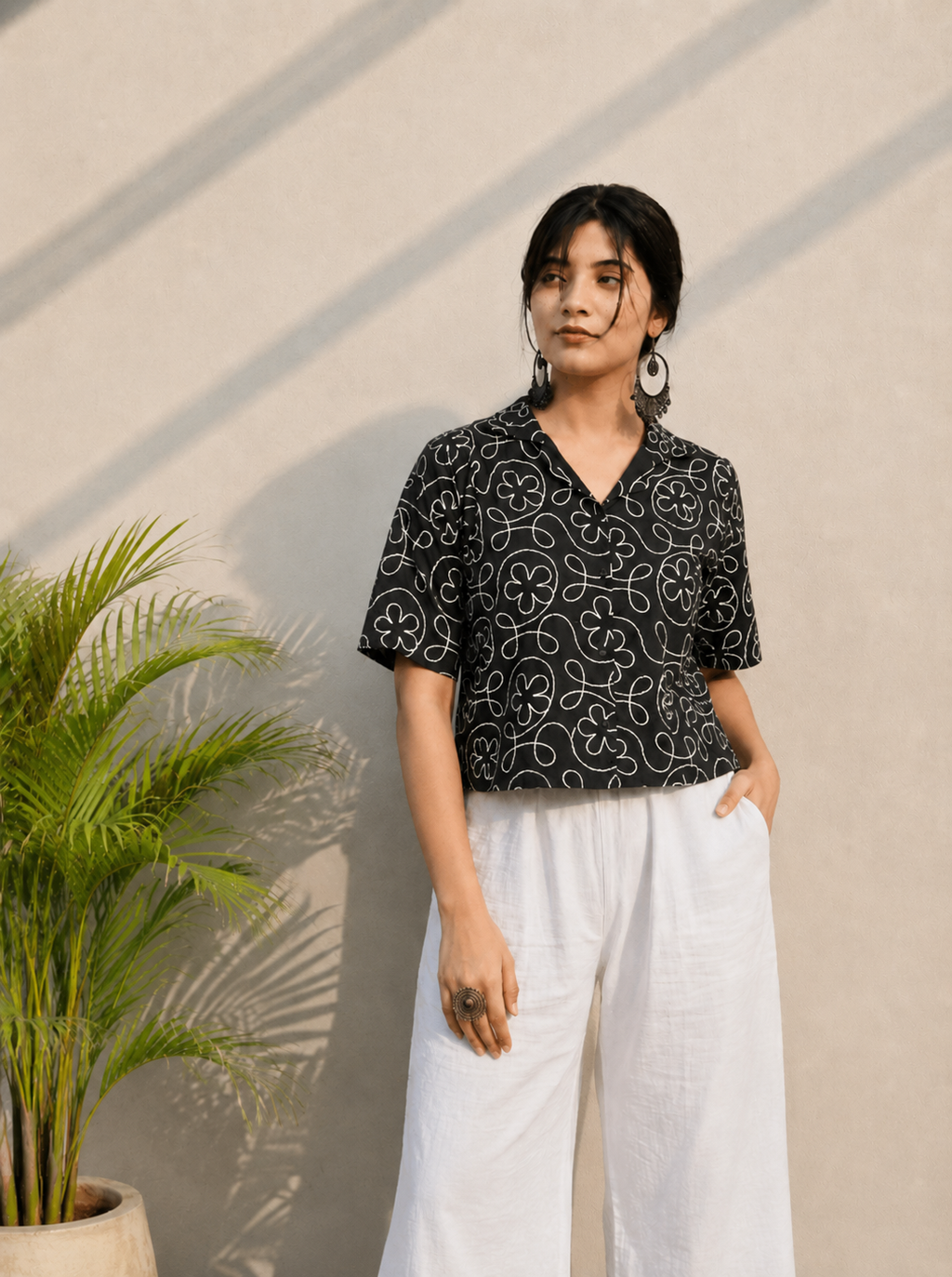 Women's Premium Black Embroidered Cotton Shirt | Relaxed Fit Casual Top