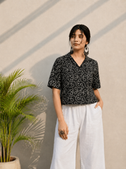 Black Embroidered Cotton Shirt | Relaxed Fit Casual Top