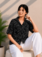 Black Embroidered Cotton Shirt | Relaxed Fit Casual Top