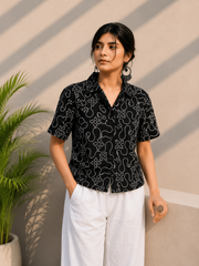 Black Embroidered Cotton Shirt | Relaxed Fit Casual Top