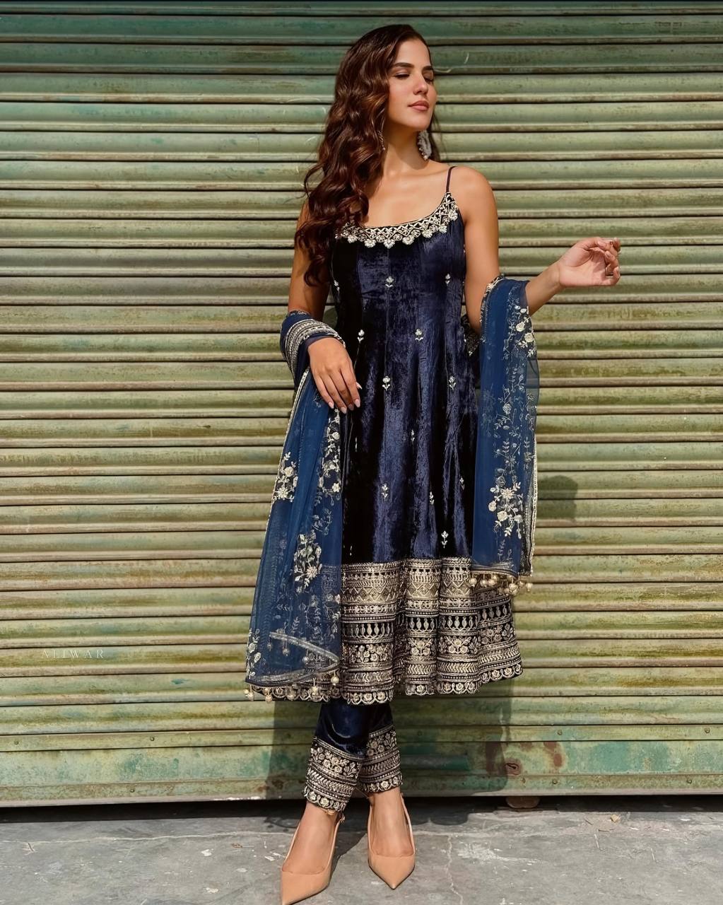 Embroidered Anarkali Kurta Set with Pants & Designer Dupatta