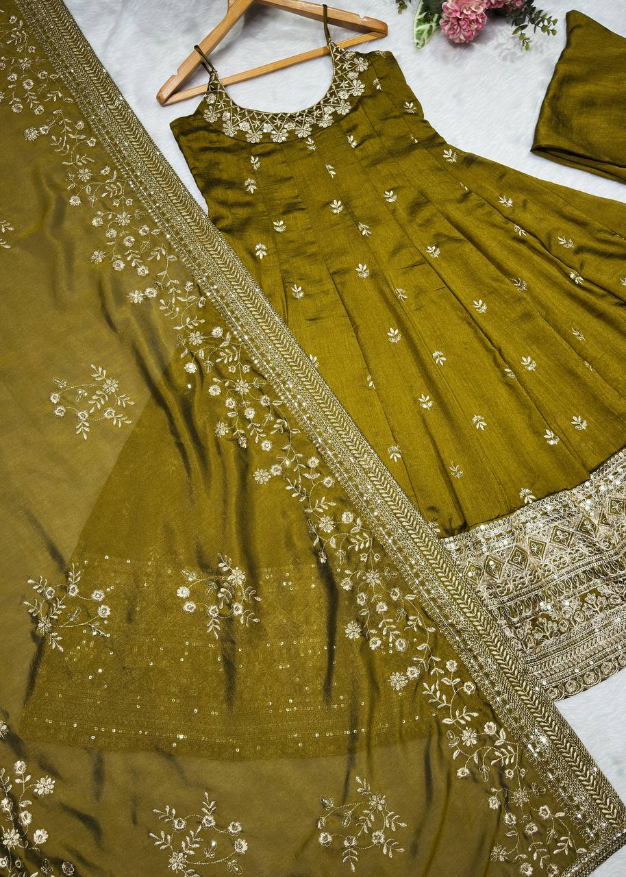 Embroidered Anarkali Kurta Set with Pants & Designer Dupatta