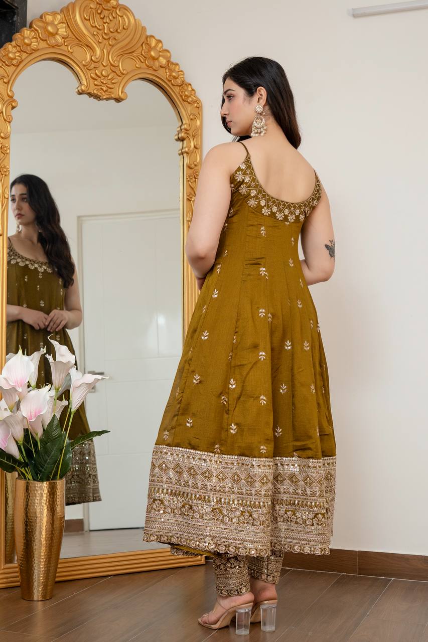 Embroidered Anarkali Kurta Set with Pants & Designer Dupatta