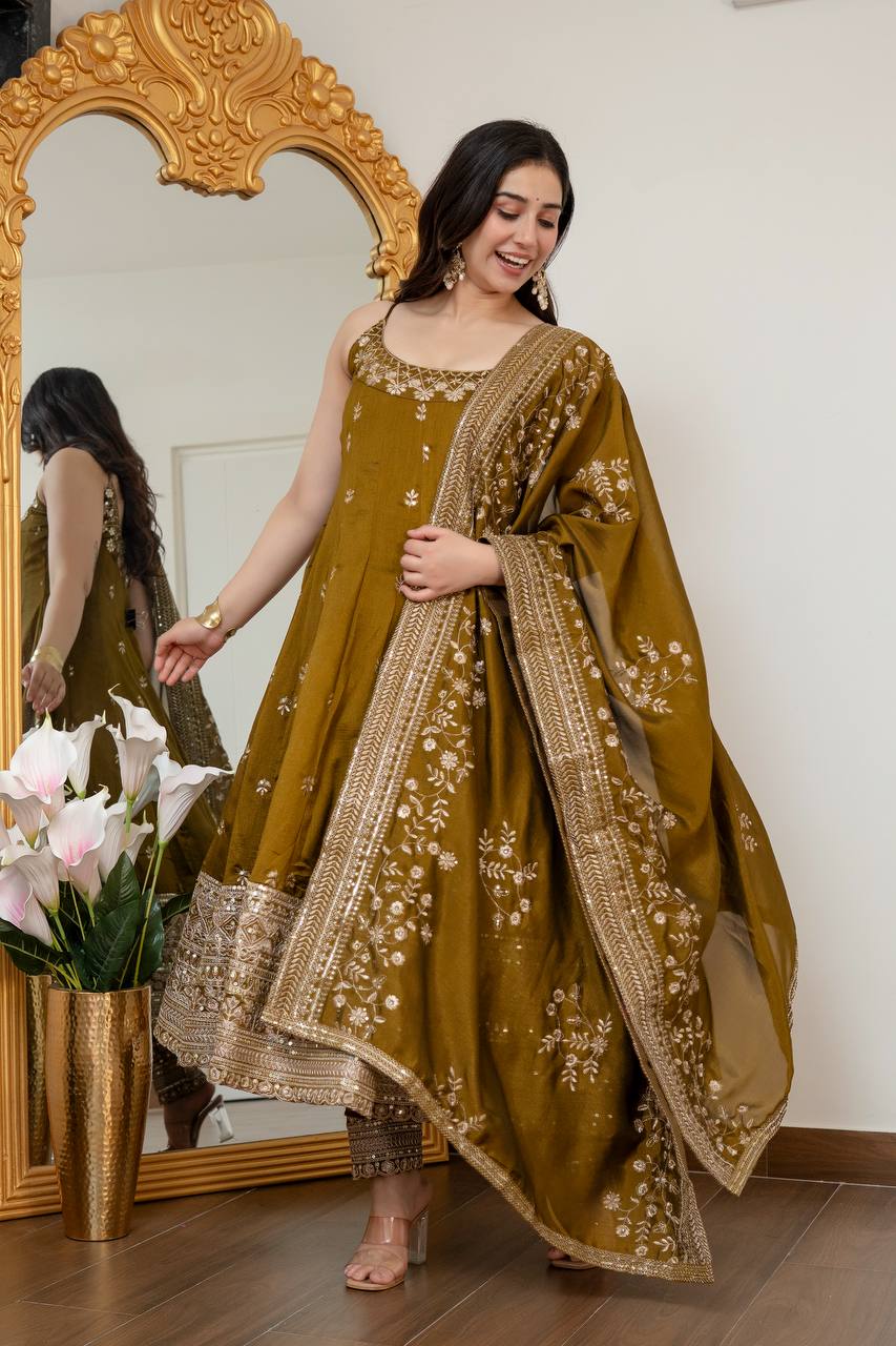 Embroidered Anarkali Kurta Set with Pants & Designer Dupatta