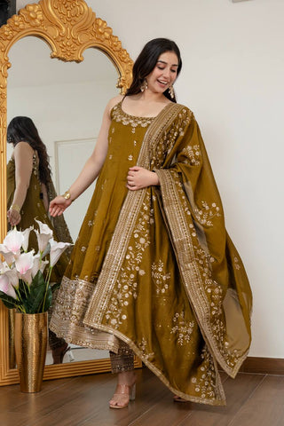 Embroidered Anarkali Kurta Set with Pants & Designer Dupatta