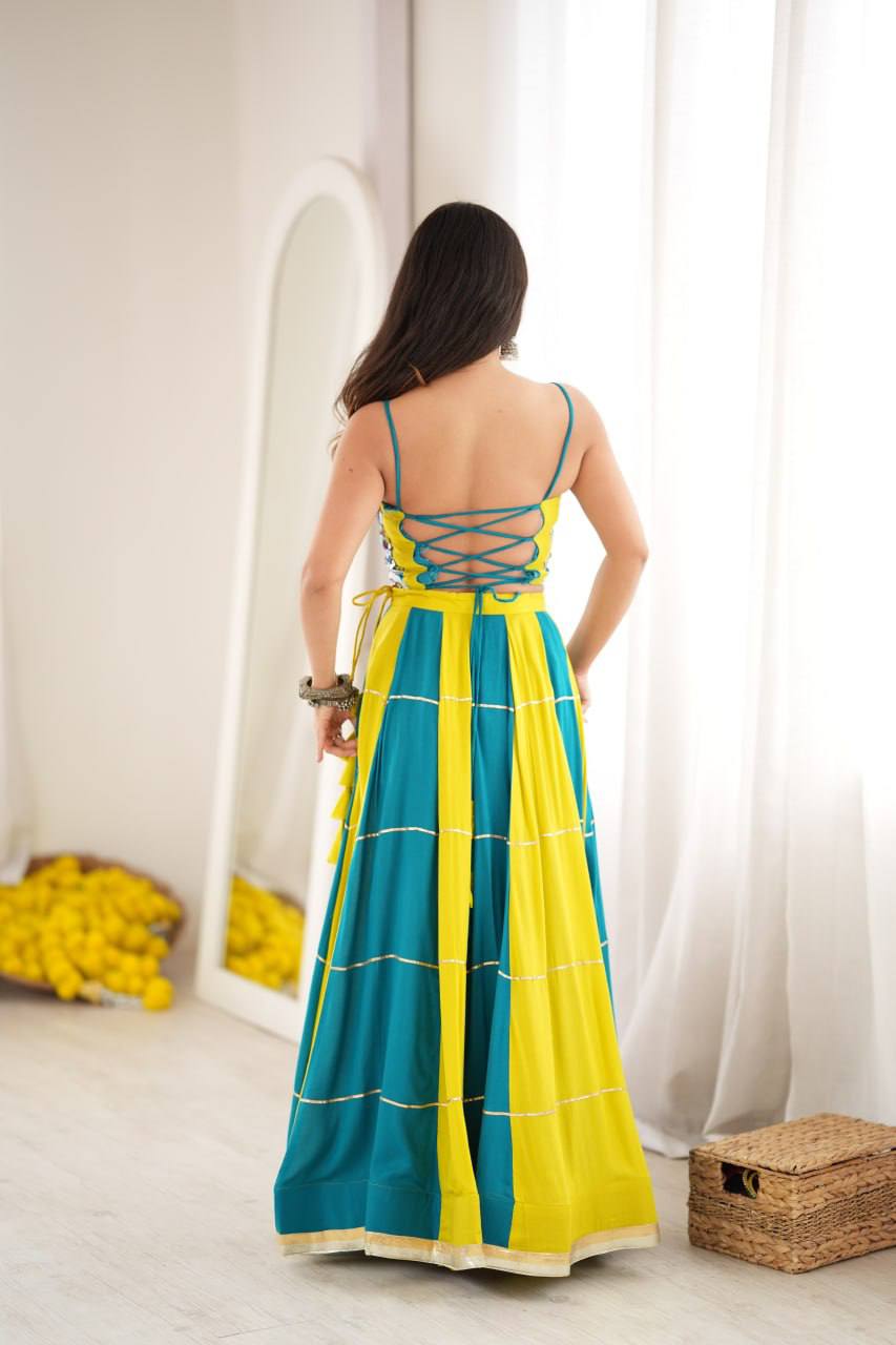 Teal Blue & Yellow Printed Lehenga Choli Set