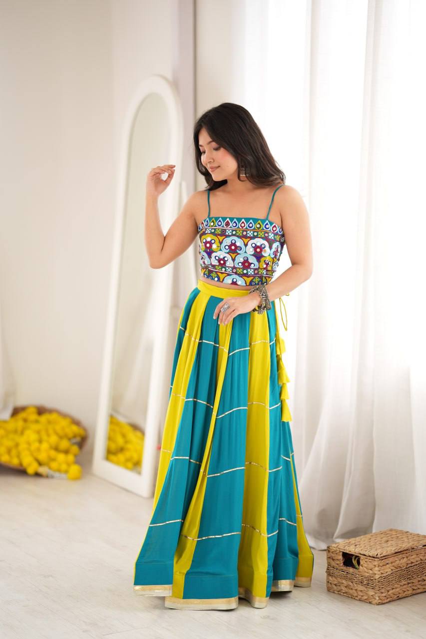 Teal Blue & Yellow Printed Lehenga Choli Set