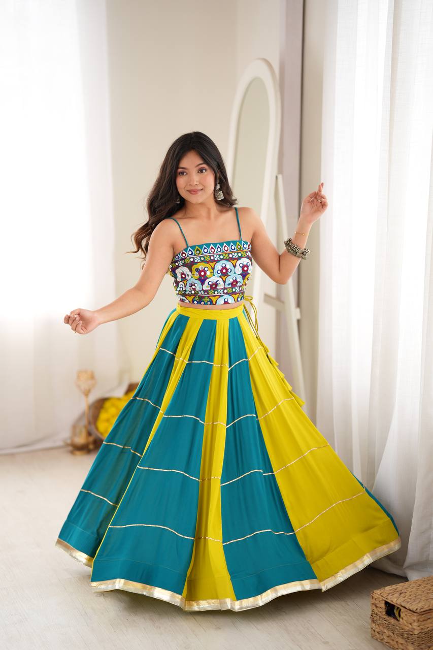 Teal Blue & Yellow Printed Lehenga Choli Set