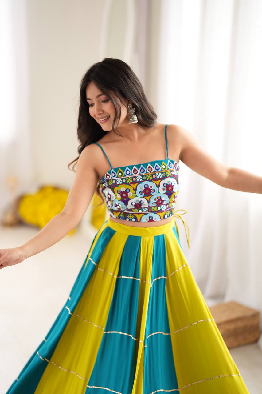 Teal Blue & Yellow Printed Lehenga Choli Set