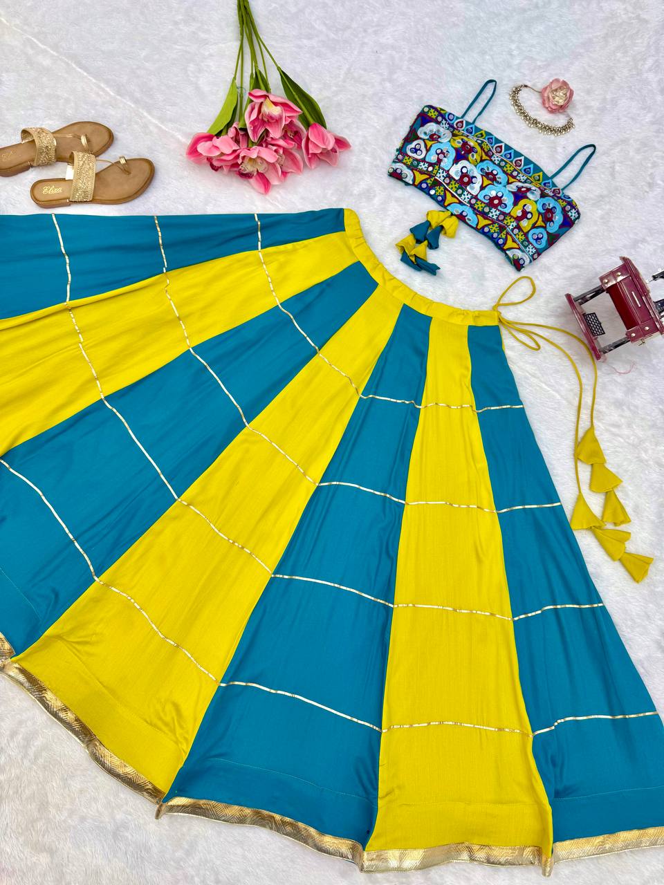 Teal Blue & Yellow Printed Lehenga Choli Set