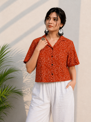 Orange Embroidered Cotton Shirt | Relaxed Fit Casual Top