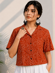 Orange Embroidered Cotton Shirt | Relaxed Fit Casual Top
