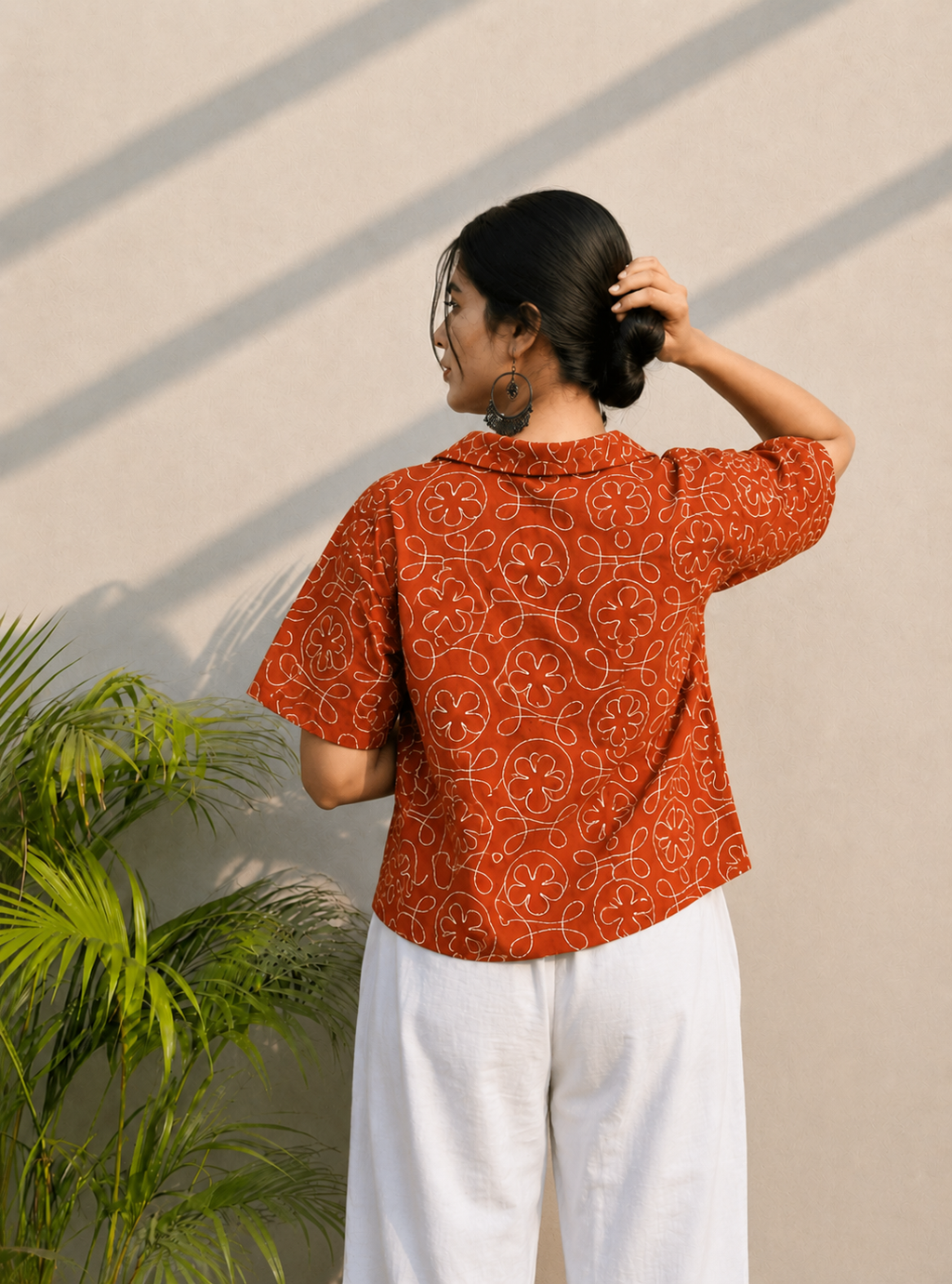Women's Premium Rust Orange Embroidered Cotton Shirt | Relaxed Fit Casual Top