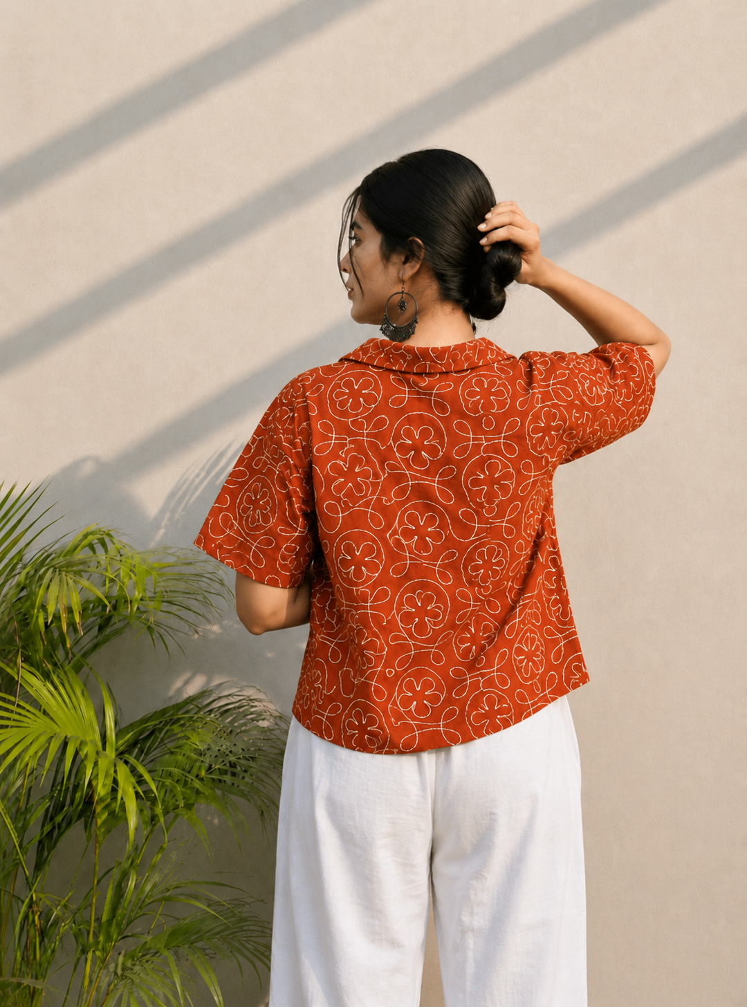 Women's Premium Rust Orange Embroidered Cotton Shirt | Relaxed Fit Casual Top