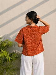 Orange Embroidered Cotton Shirt | Relaxed Fit Casual Top