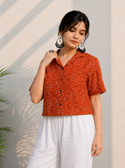Orange Embroidered Cotton Shirt | Relaxed Fit Casual Top