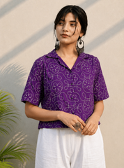 Purple Embroidered Cotton Shirt | Relaxed Fit Casual Top