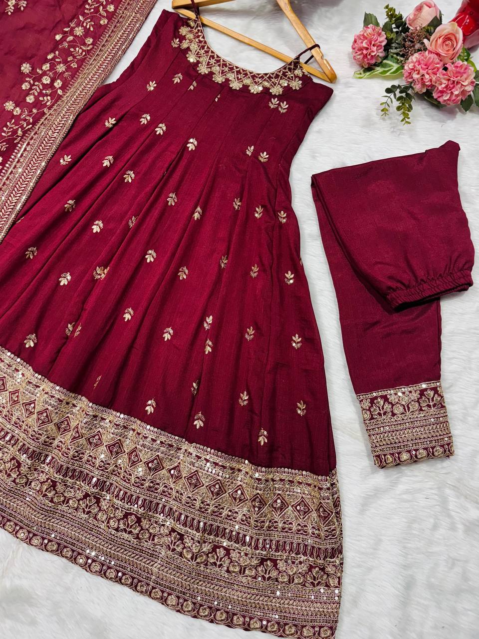 Embroidered Anarkali Kurta Set with Pants & Designer Dupatta