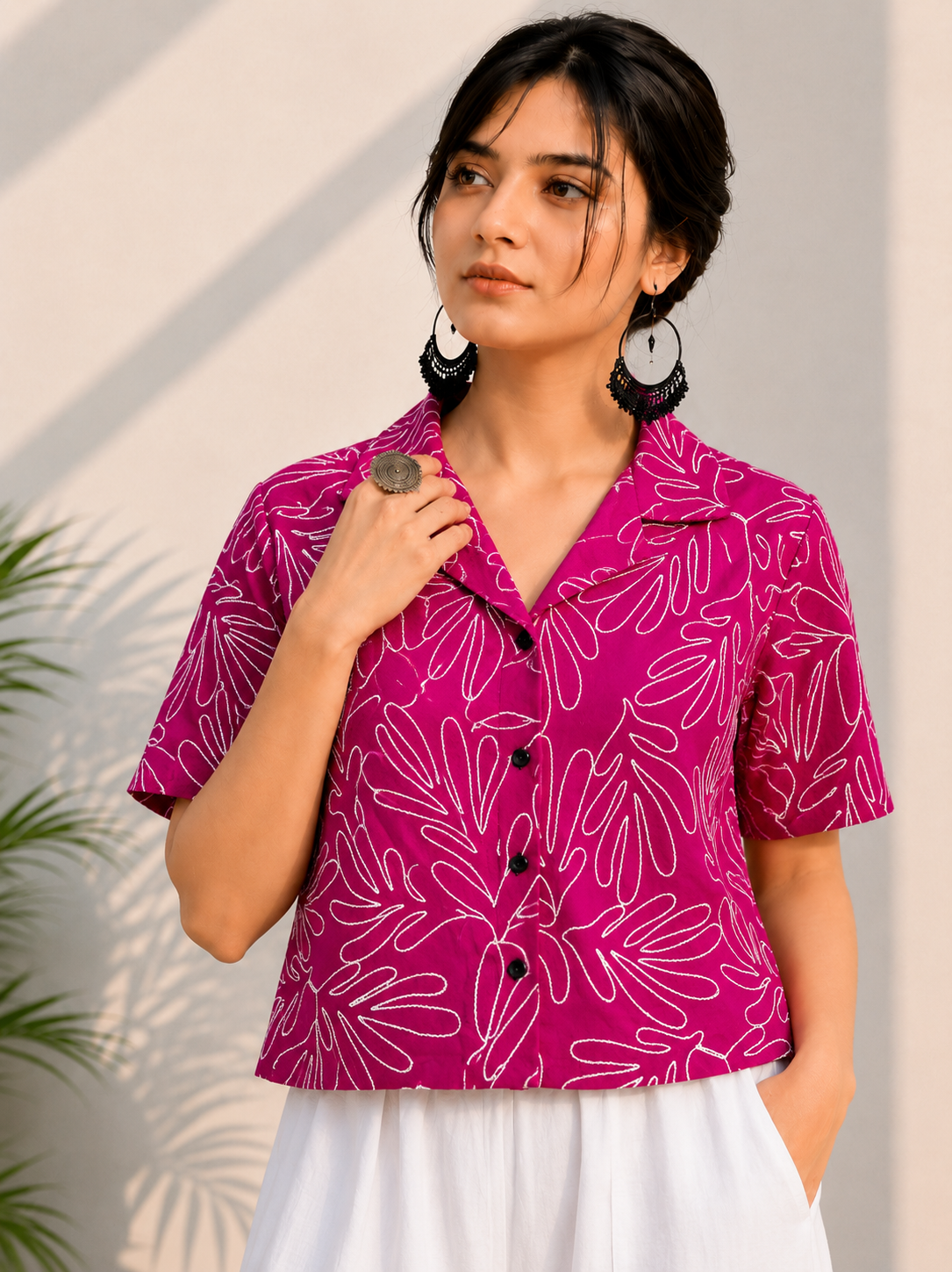 Women's Premium Fuchsia Pink Embroidered Cotton Shirt | Relaxed Fit Casual Top