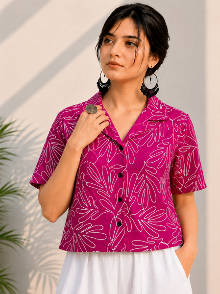 Pink Embroidered Cotton Shirt | Relaxed Fit Casual Top