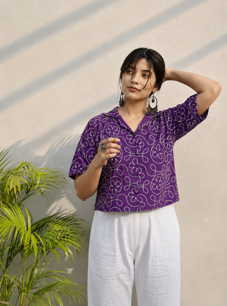 Purple Embroidered Cotton Shirt | Relaxed Fit Casual Top