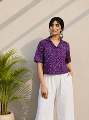 Purple Embroidered Cotton Shirt | Relaxed Fit Casual Top