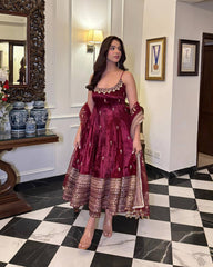 Embroidered Anarkali Kurta Set with Pants & Designer Dupatta