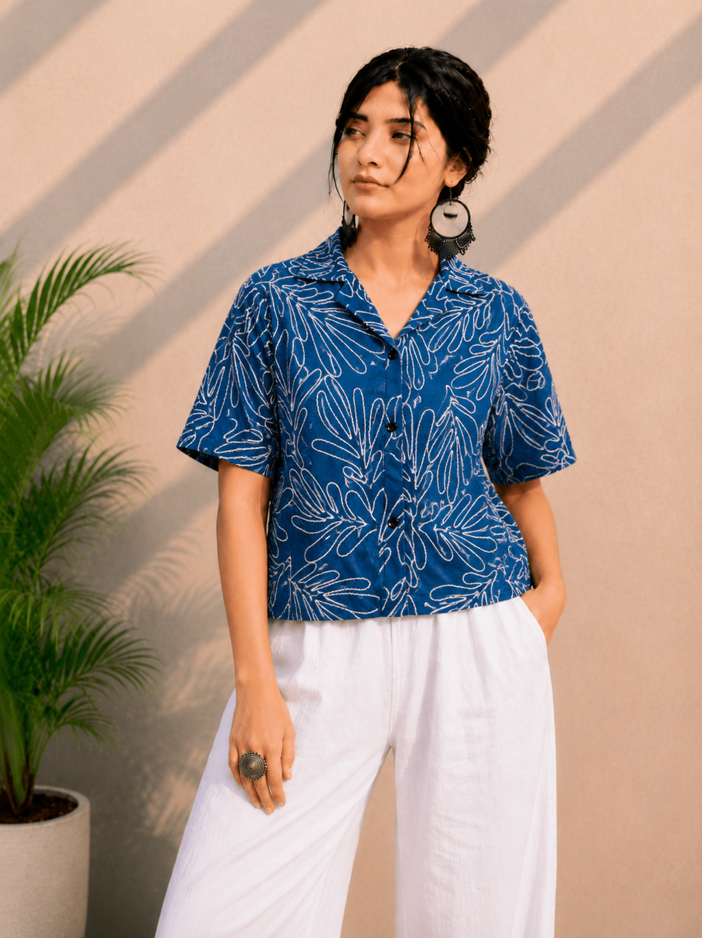 Women's Premium Indigo Blue Embroidered Cotton Shirt | Relaxed Fit Casual Top
