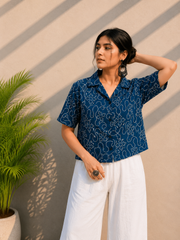 Indigo Embroidered Cotton Shirt | Relaxed Fit Casual Top