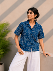 Indigo Embroidered Cotton Shirt | Relaxed Fit Casual Top