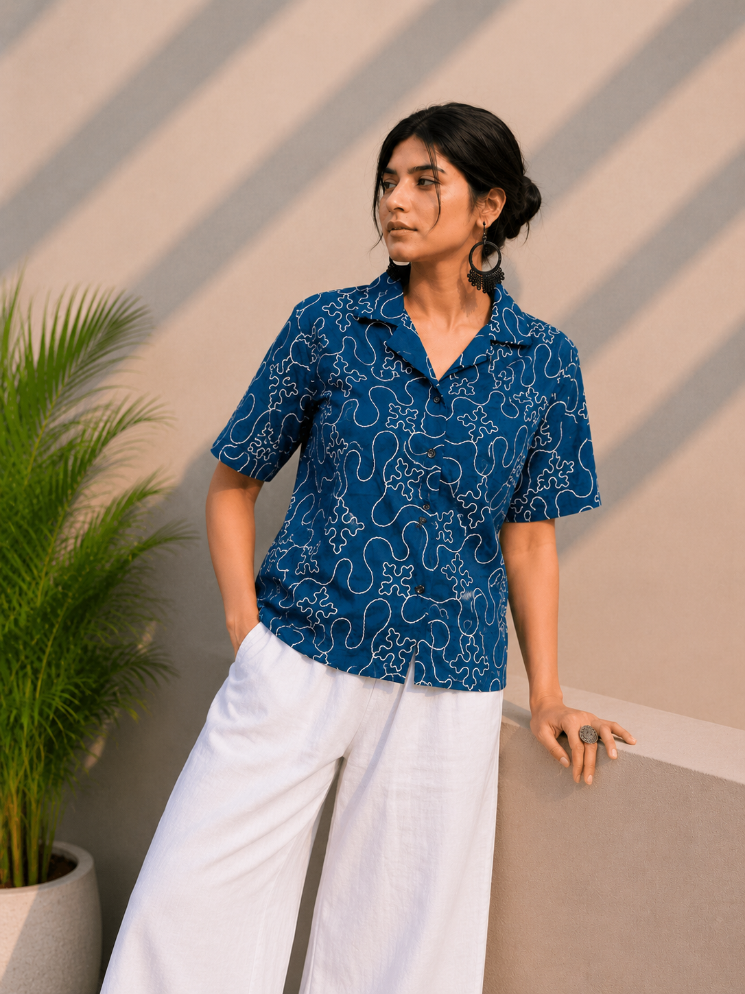 Women's Premium Indigo Embroidered Cotton Shirt | Relaxed Fit Casual Top