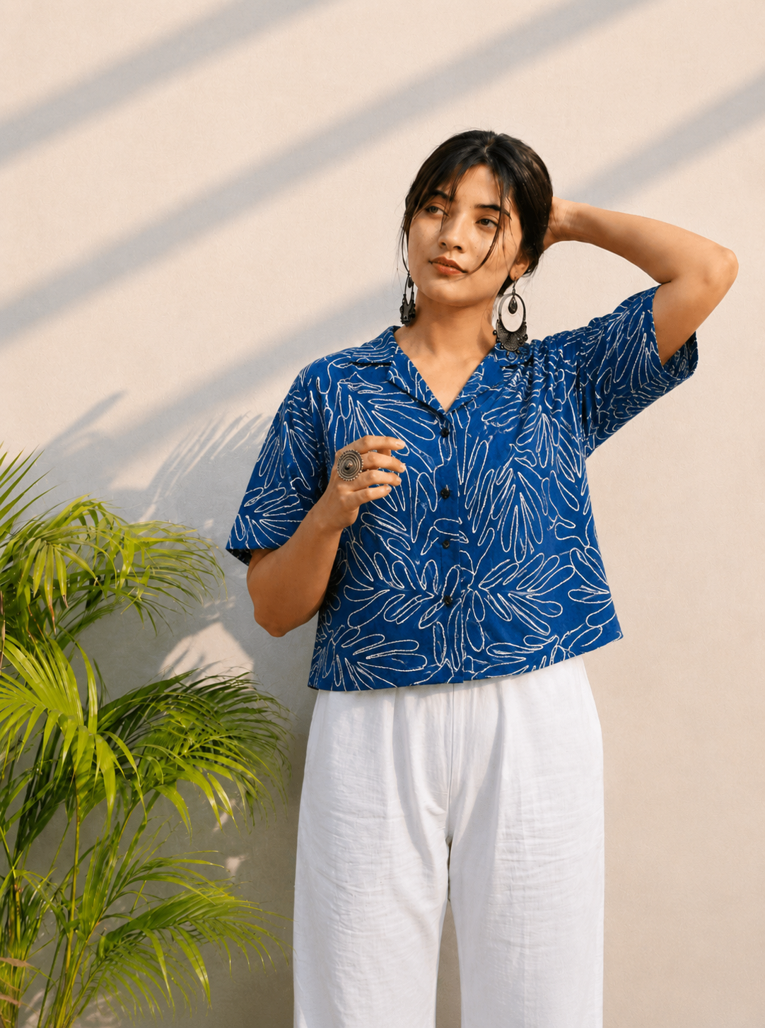 Women's Premium Indigo Blue Embroidered Cotton Shirt | Relaxed Fit Casual Top