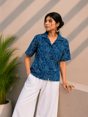 Indigo Embroidered Cotton Shirt | Relaxed Fit Casual Top
