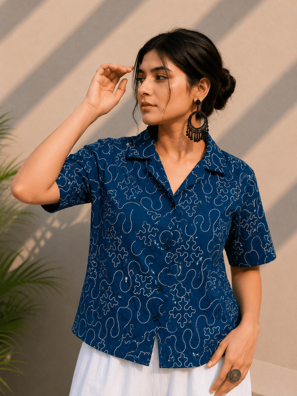 Women's Premium Indigo Embroidered Cotton Shirt | Relaxed Fit Casual Top
