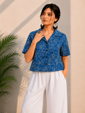 Women's Premium Indigo Blue Embroidered Cotton Shirt | Relaxed Fit Casual Top