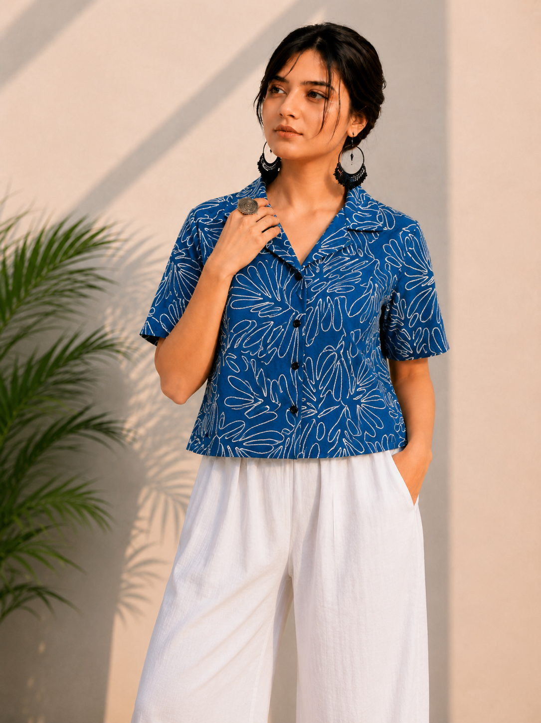 Women's Premium Indigo Blue Embroidered Cotton Shirt | Relaxed Fit Casual Top