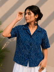 Indigo Embroidered Cotton Shirt | Relaxed Fit Casual Top