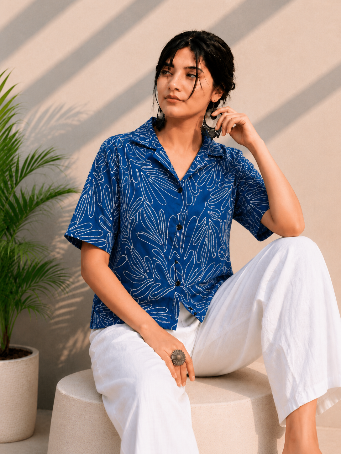 Women's Premium Indigo Blue Embroidered Cotton Shirt | Relaxed Fit Casual Top