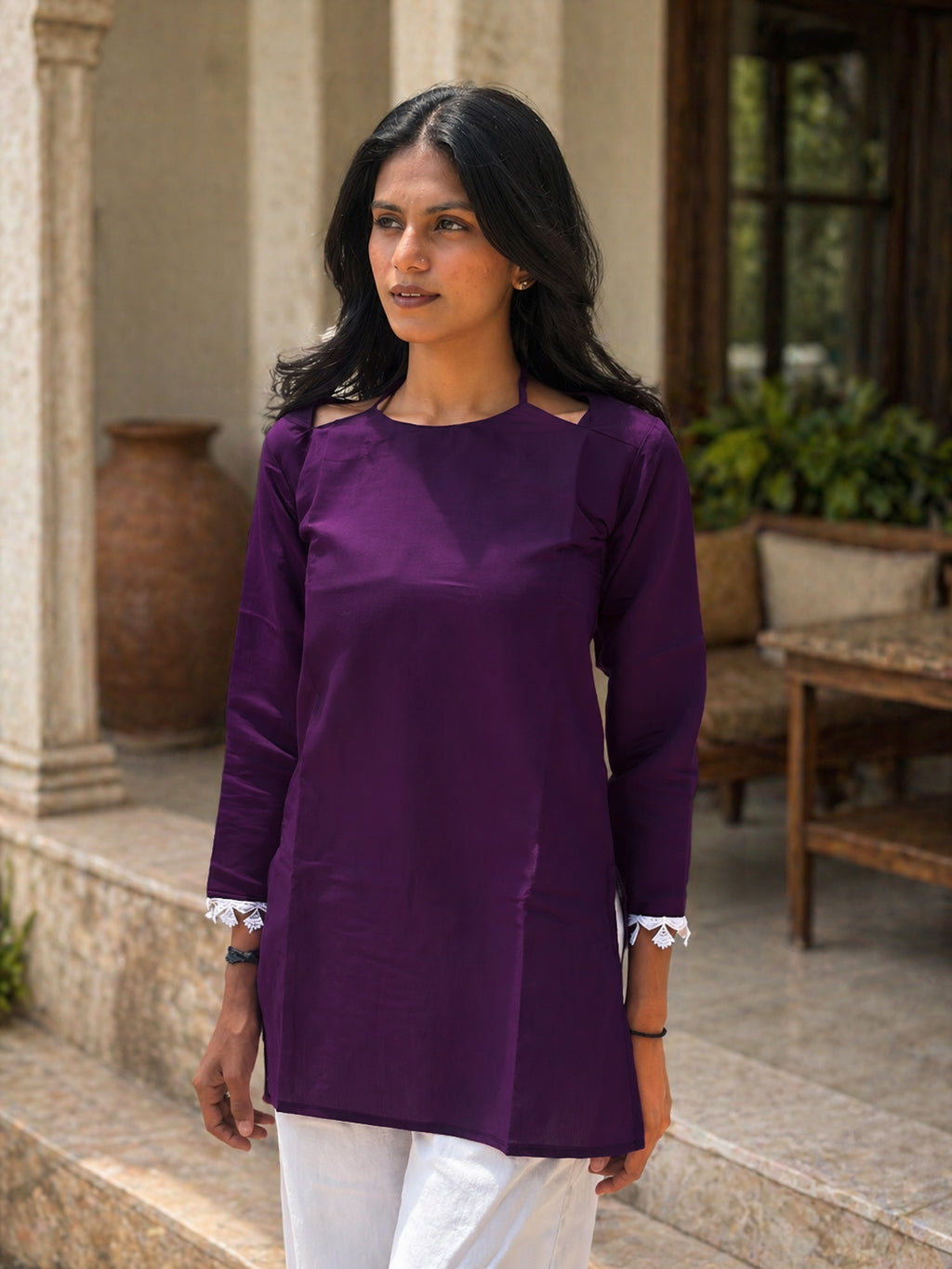 Premium Solid Straight Kurti Top | Round Neck | Full Sleeves