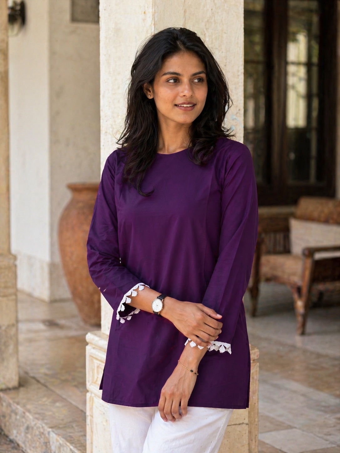 Premium Solid Straight Kurti Top | Round Neck | Full Sleeves