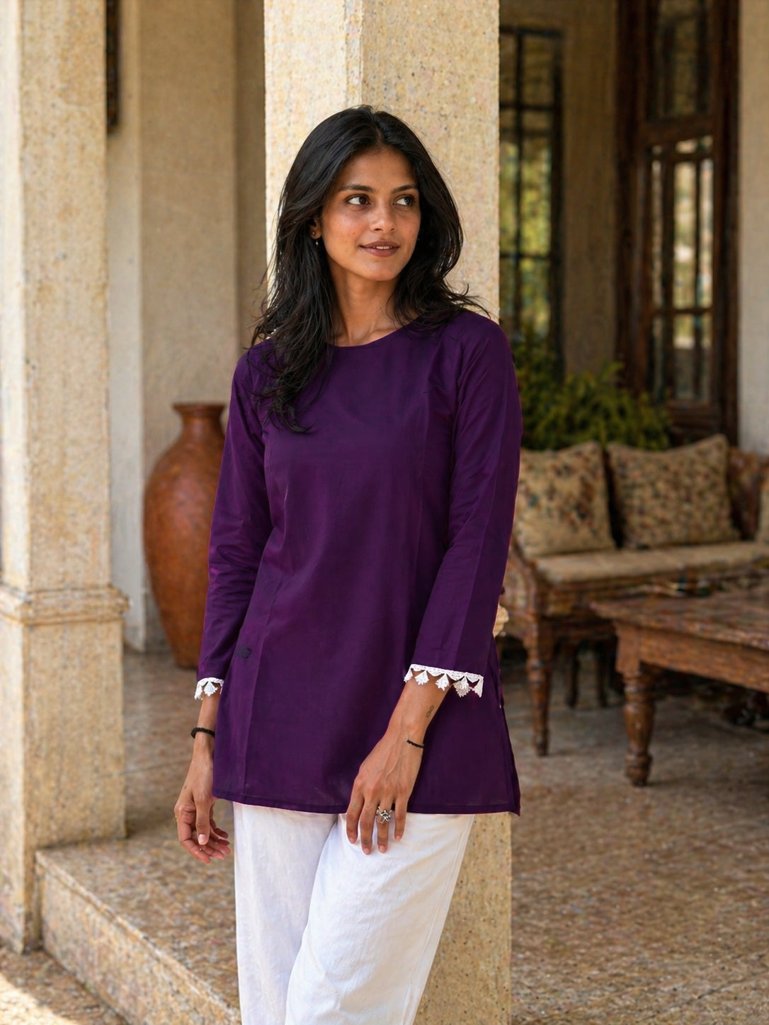 Premium Solid Straight Kurti Top | Round Neck | Full Sleeves