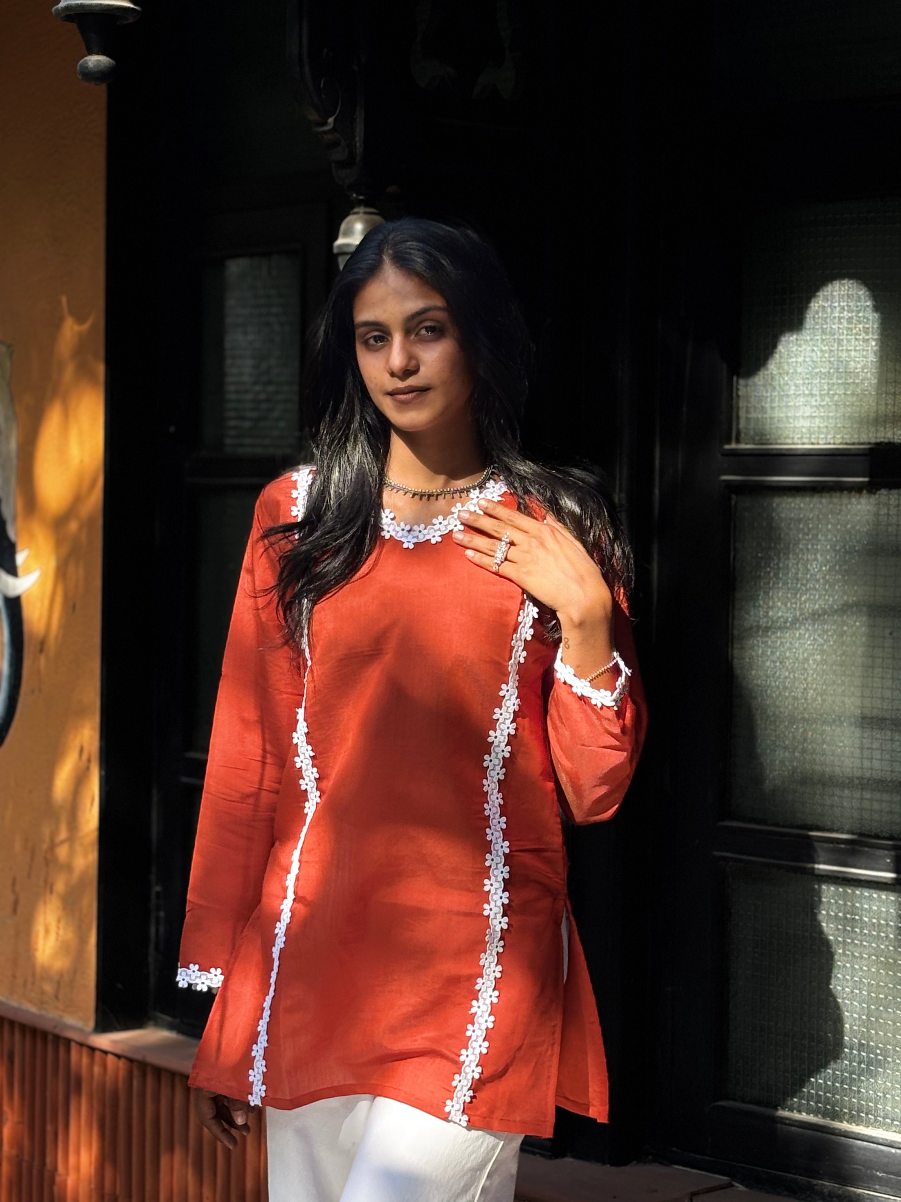 Premium Rust Straight Kurti Top | V-Neck