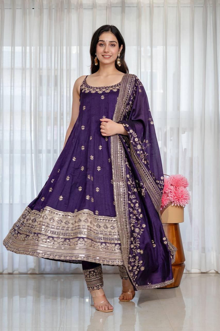 Embroidered Anarkali Kurta Set with Pants & Designer Dupatta
