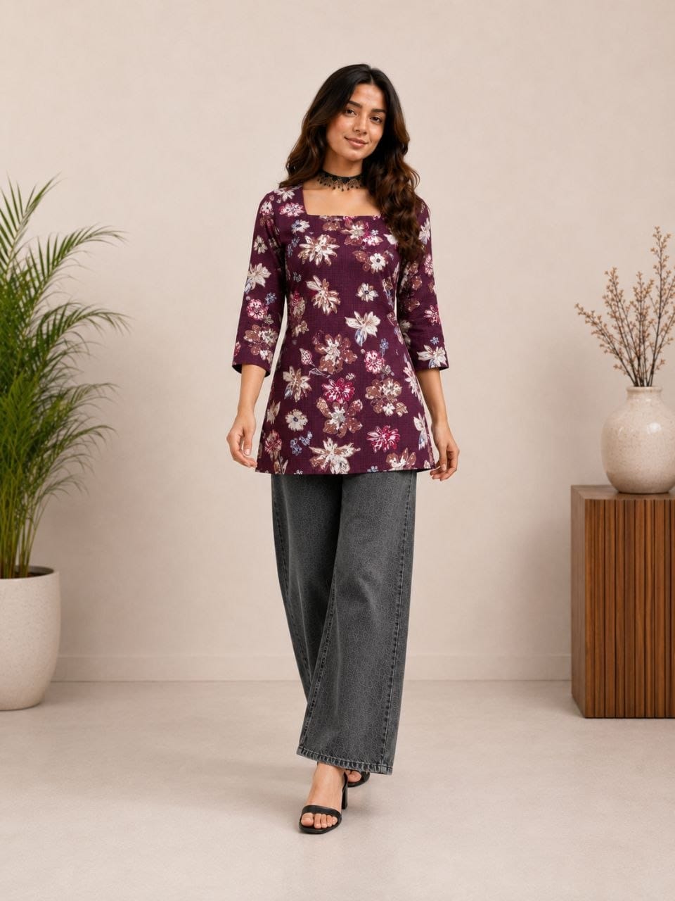 Women's Floral Print Square Neck Casual Top