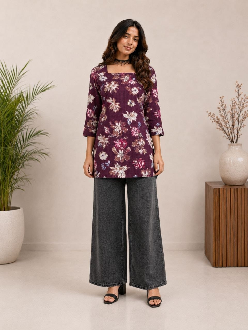 Women's Floral Print Square Neck Casual Top
