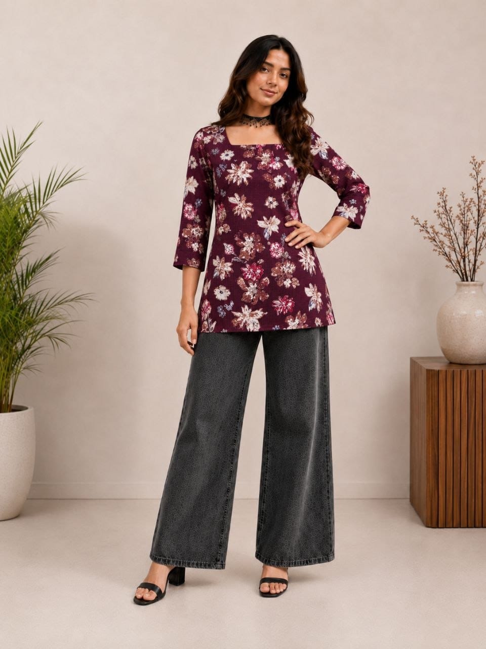 Women's Floral Print Square Neck Casual Top