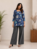 Women's Blue Floral Print Square Neck Casual Top