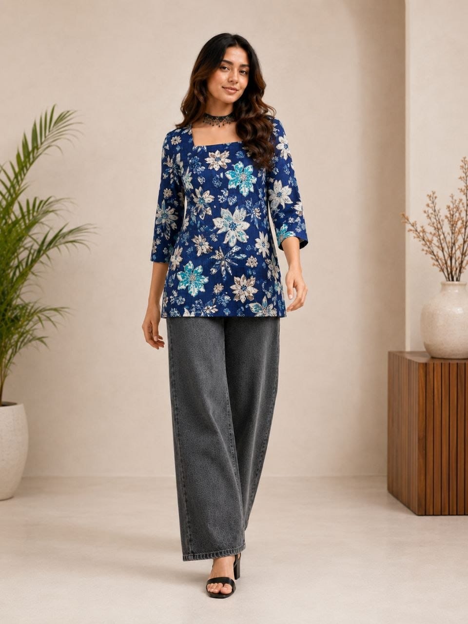 Women's Blue Floral Print Square Neck Casual Top