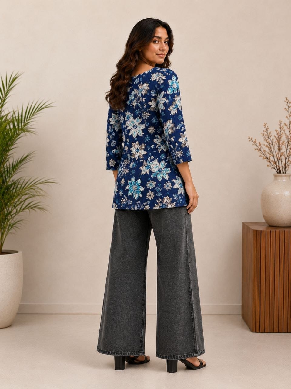 Women's Blue Floral Print Square Neck Casual Top